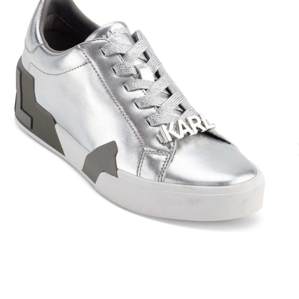 NEW KARL LAGERFELD Metallic Silver Lace-Up Sneakers